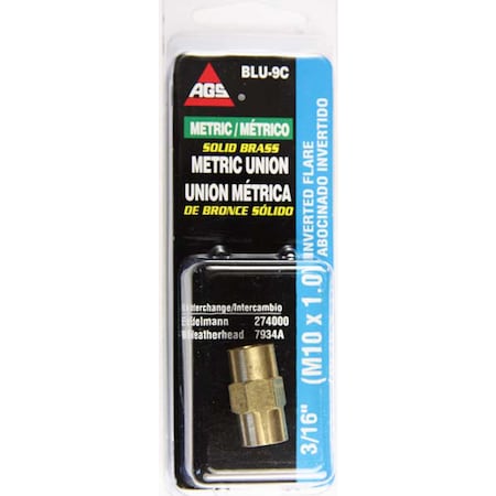 Ags Brass Brake Line Union, 3/16 (M10x1.0 Inverted), 1/card BLU-9C